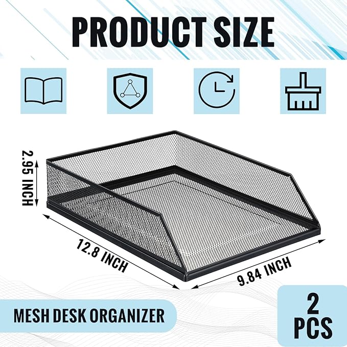 Hicarer 2 Pcs Black Metal Letter Tray Stackable Desk Tray Single Wire Mesh - Image 3