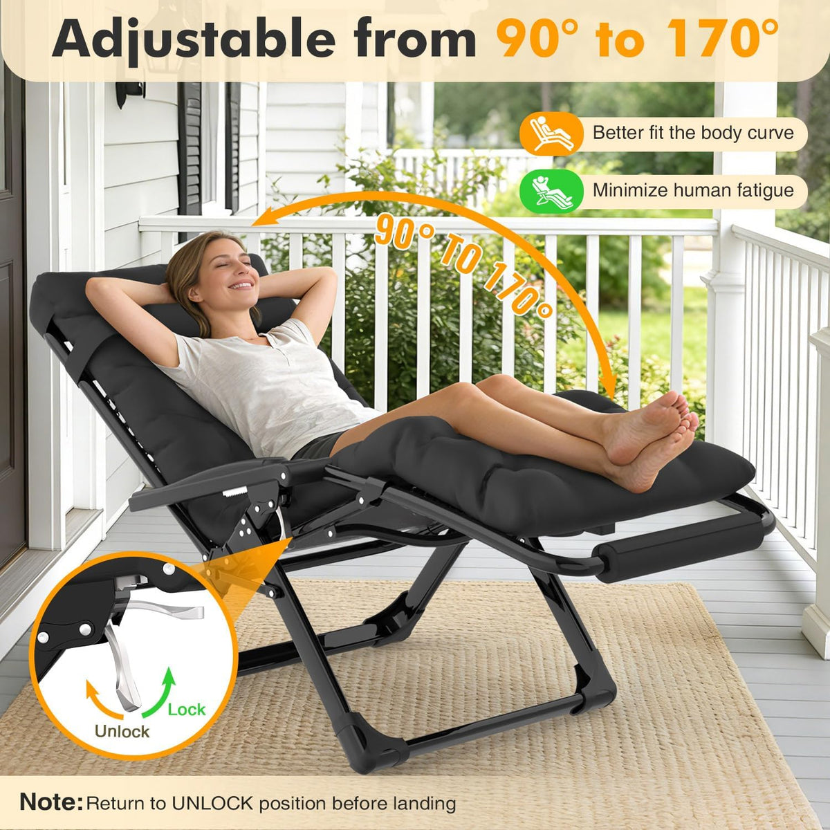 Slendor Oversized Zero Gravity Chairs XL, 29in Padded Recliner Chair, Black