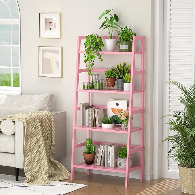 Homykic Bamboo Ladder Bookshelf, 4-Tier Ladder Shelf Open Book Shelf - Image 2
