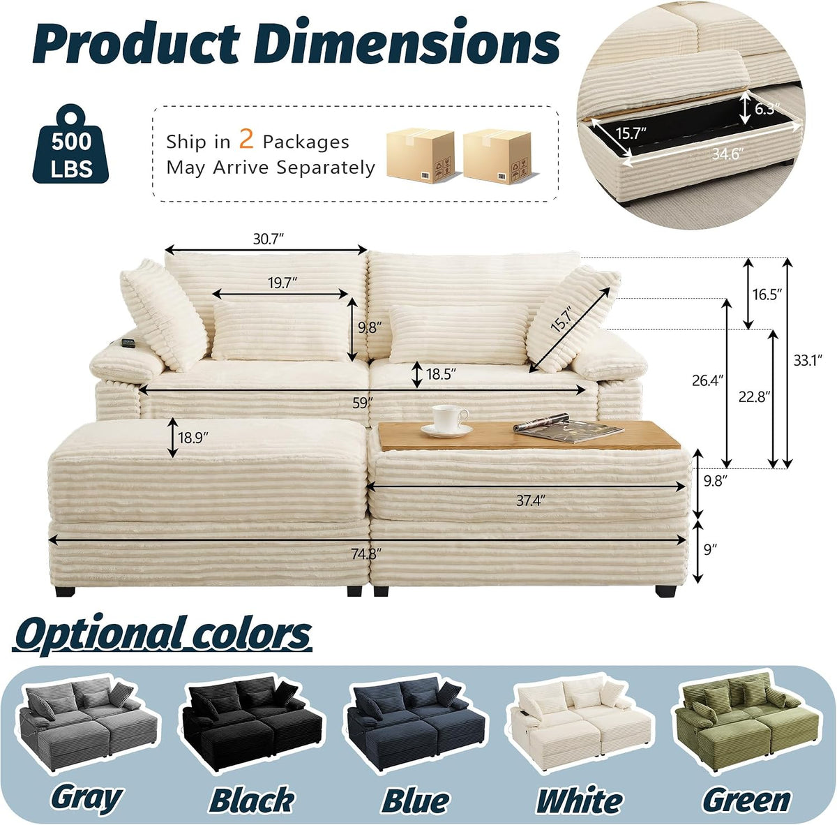 75" Corduroy Loveseat Sofa with Storage Ottoman,USB Charging,Beige
