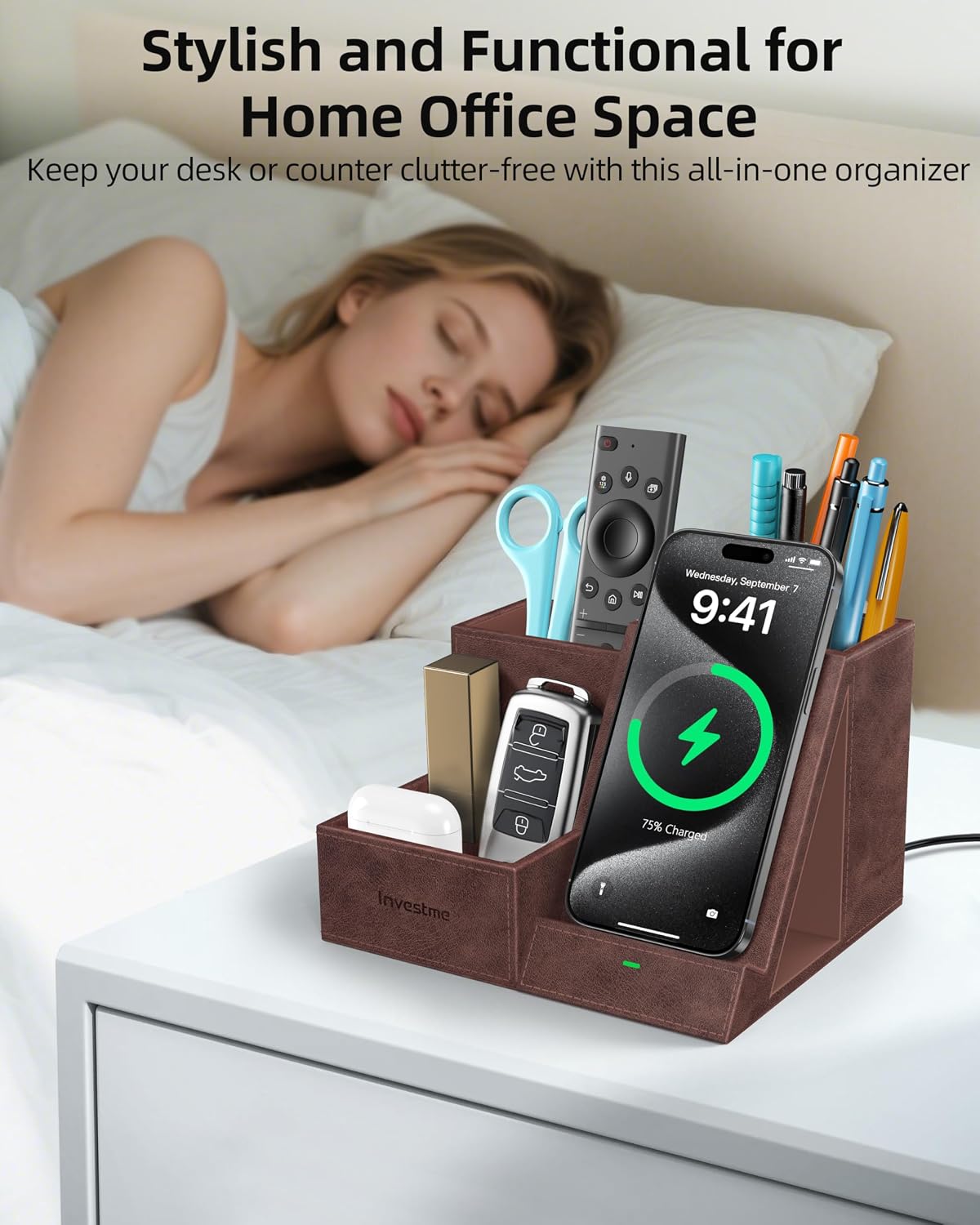 Wireless Charger with Desk Organizer, 3 Compartments and 1 Phone Stand