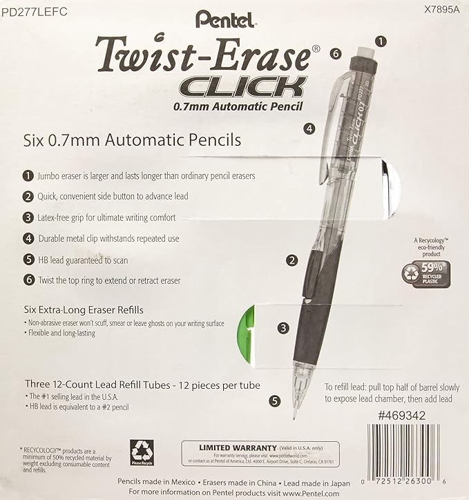 Pentel Twist-Erase Click Mechanical Pencils 0.7mm, HB #2, School Supplies - Image 2