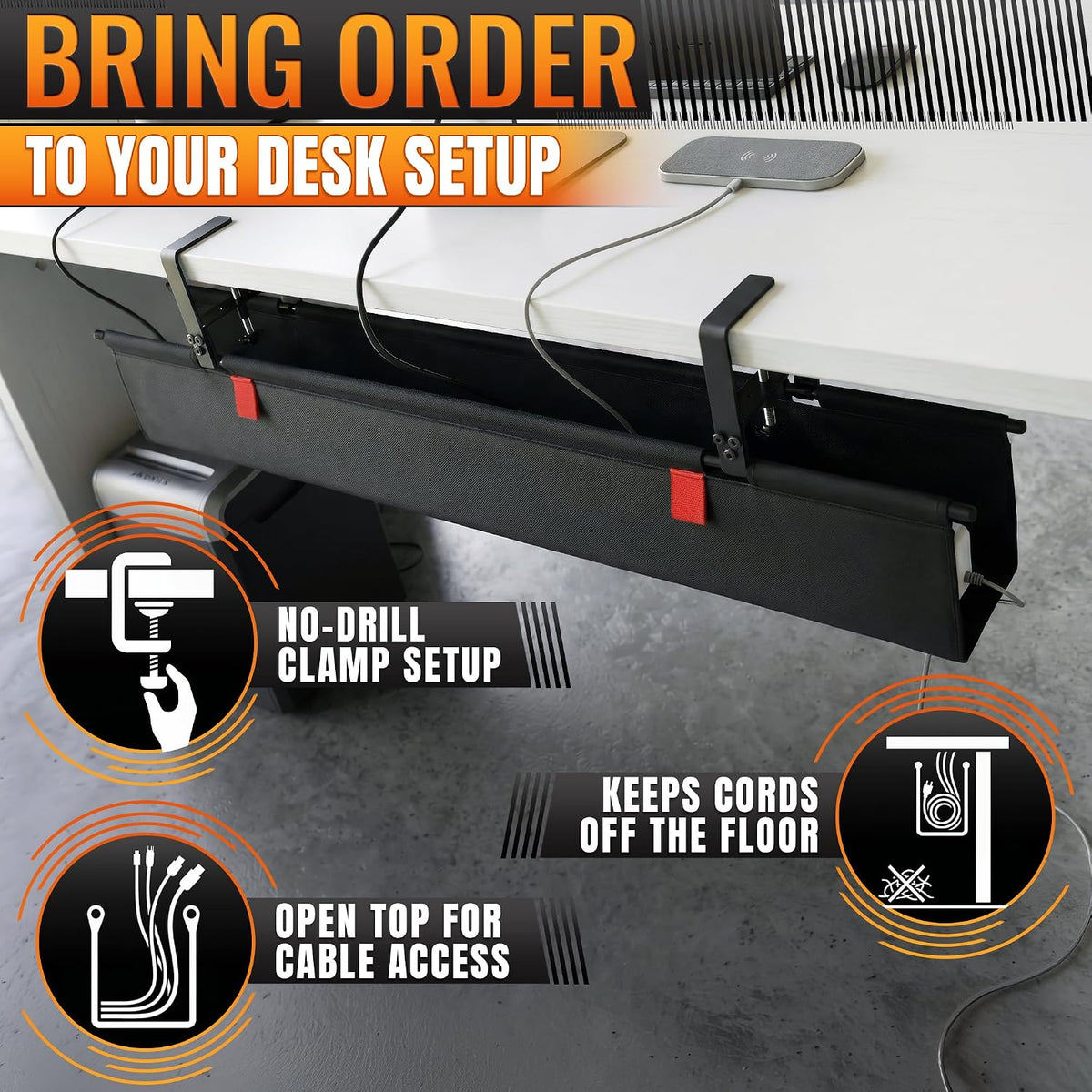 Under Desk Cable Management Tray 36" — No Drill Clamp-On Cord Organizer ...