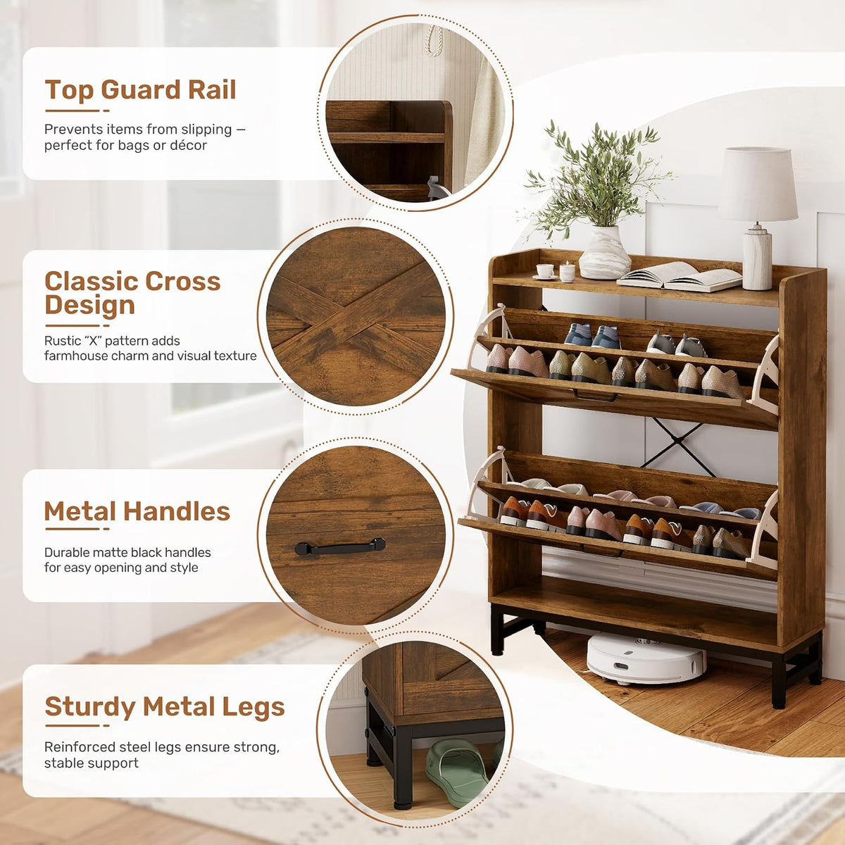 Miereirl Rustic Farmhouse Shoe Cabinet with 2 Flip Drawers, Narrow Entryway S...
