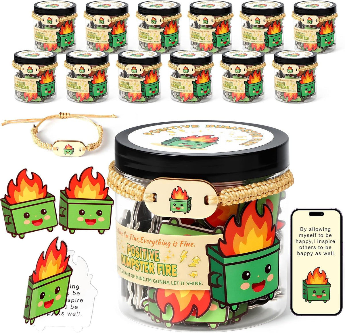 12 Pack Dumpster Fire Cards Jar with NFC Bracelet - 60 Positive Affirmation C...