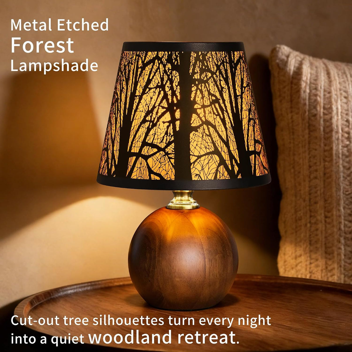 11.4" Rustic Solid Wood Small Table Lamp with Metal Forest Shade