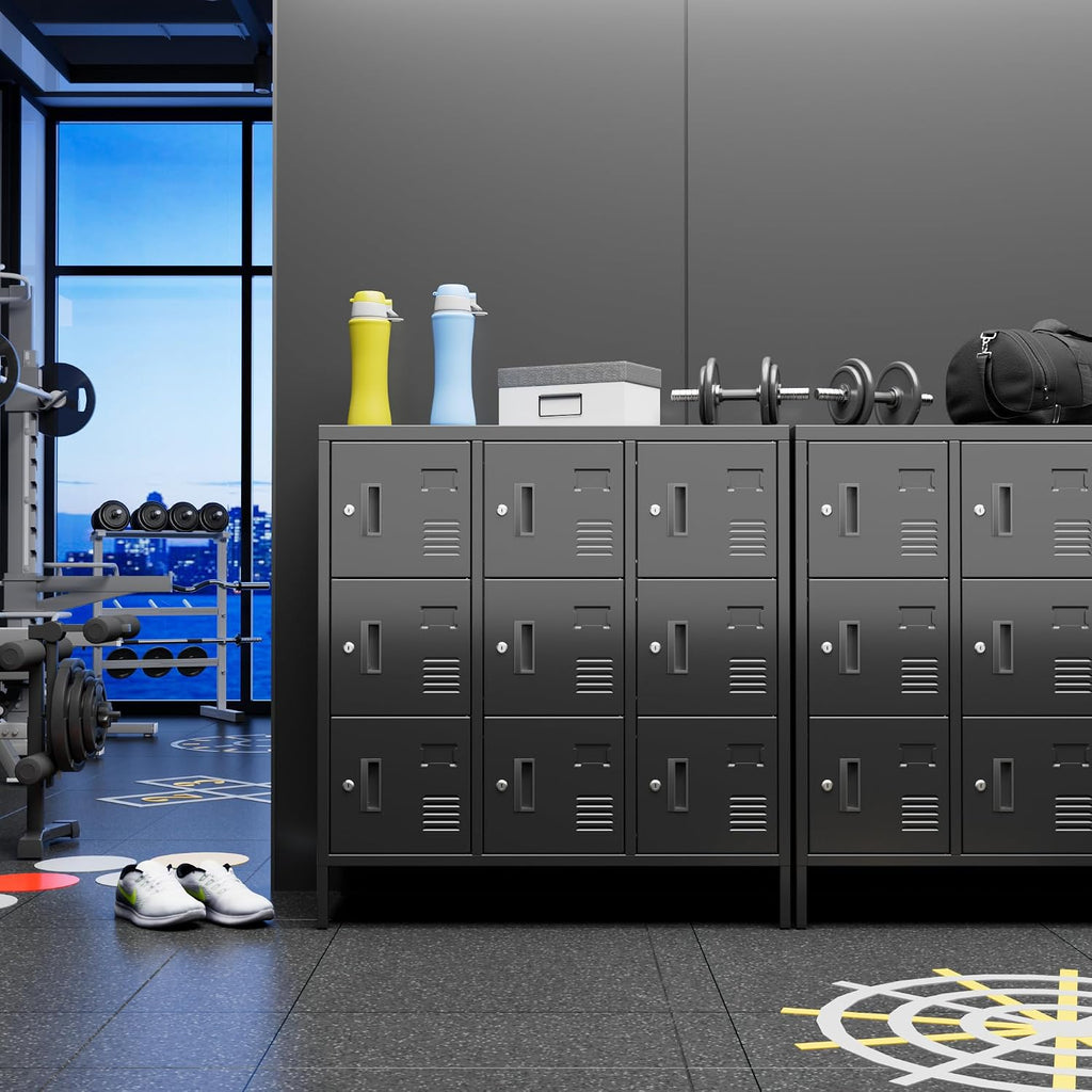 9-Door Metal Locker for Employees with Keyed Compartments | 15.79"D x 35.51"W x 37.8"H; 9 vented compartments with card slots, 18 keys and adjustable leveling feet.