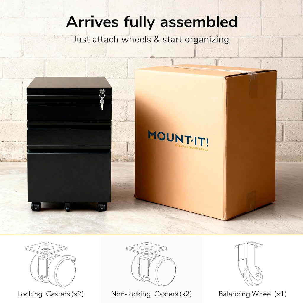 mount-it! 3 drawer file cabinet with lock and, front angle view