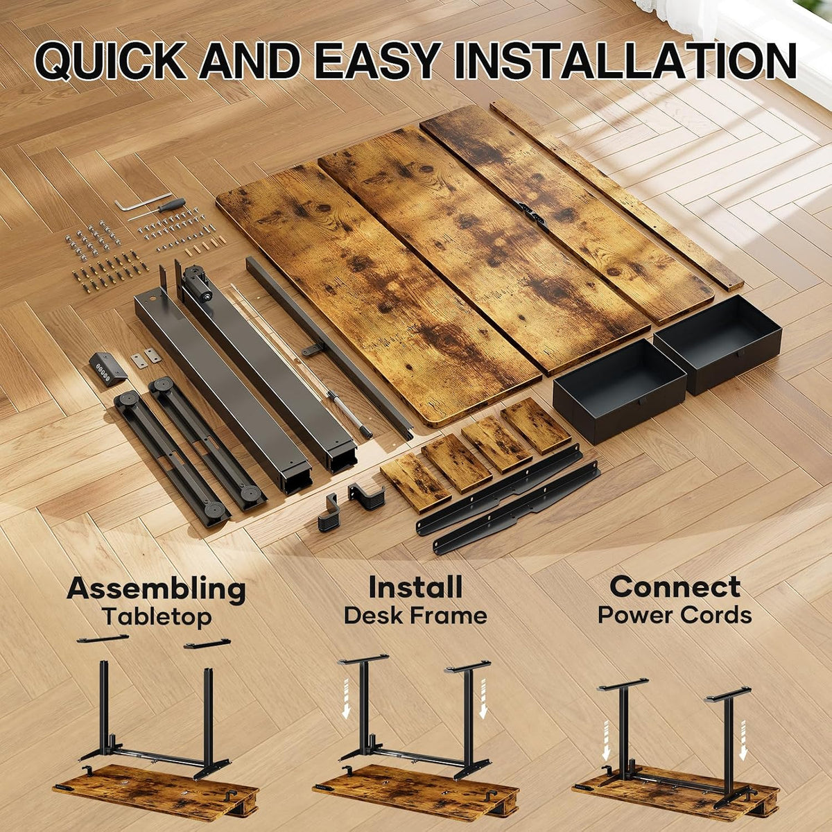 Veken 47x28 in Electric Standing Desk with Drawers, Adjustable Table, Brown