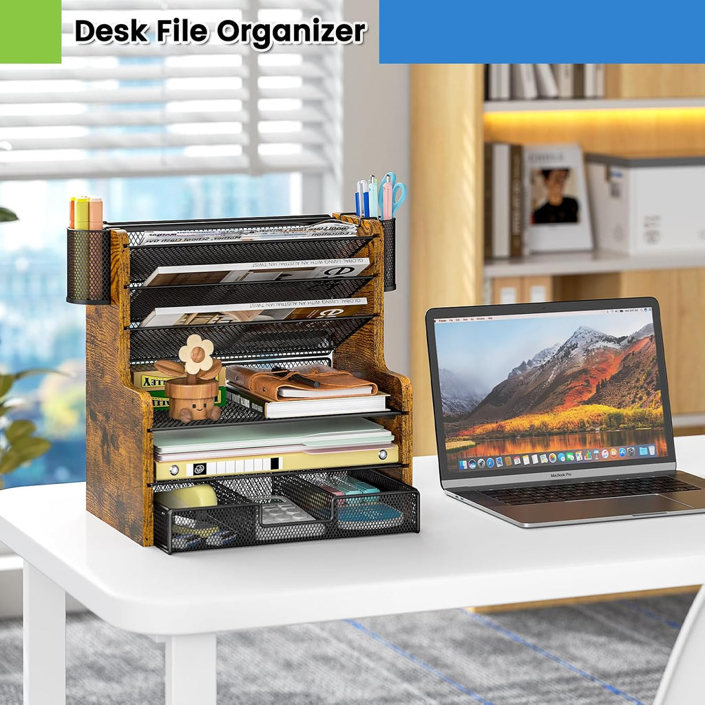 daoutime 6-tier mesh desk organizer with drawer, wooden, front angle view
