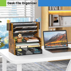 daoutime 6-tier mesh desk organizer with drawer, wooden, front angle view