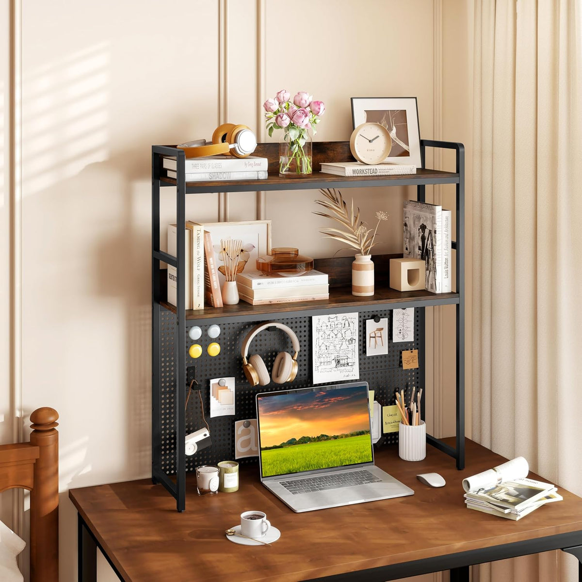 GIANTEX Desktop Bookshelf, 2-Tier Desk Hutch Dorm with Pegboard for up to 32&...