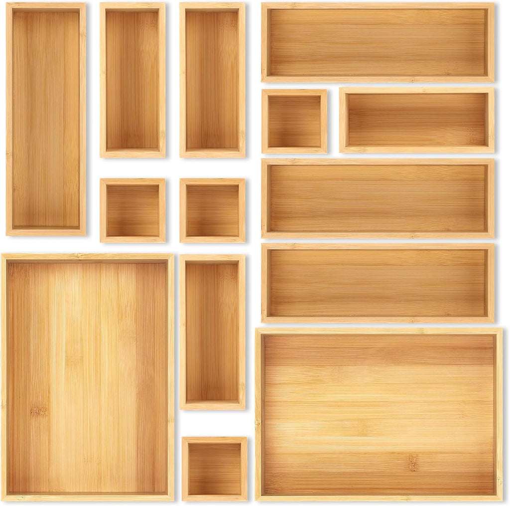 Bamboo Drawer Organizer Set, Junk Drawer Divider and Storage Trays Containers