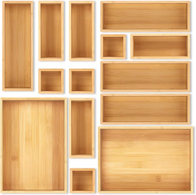 Bamboo Drawer Organizer Set, Junk Drawer Divider and Storage Trays Containers by MapleGrace