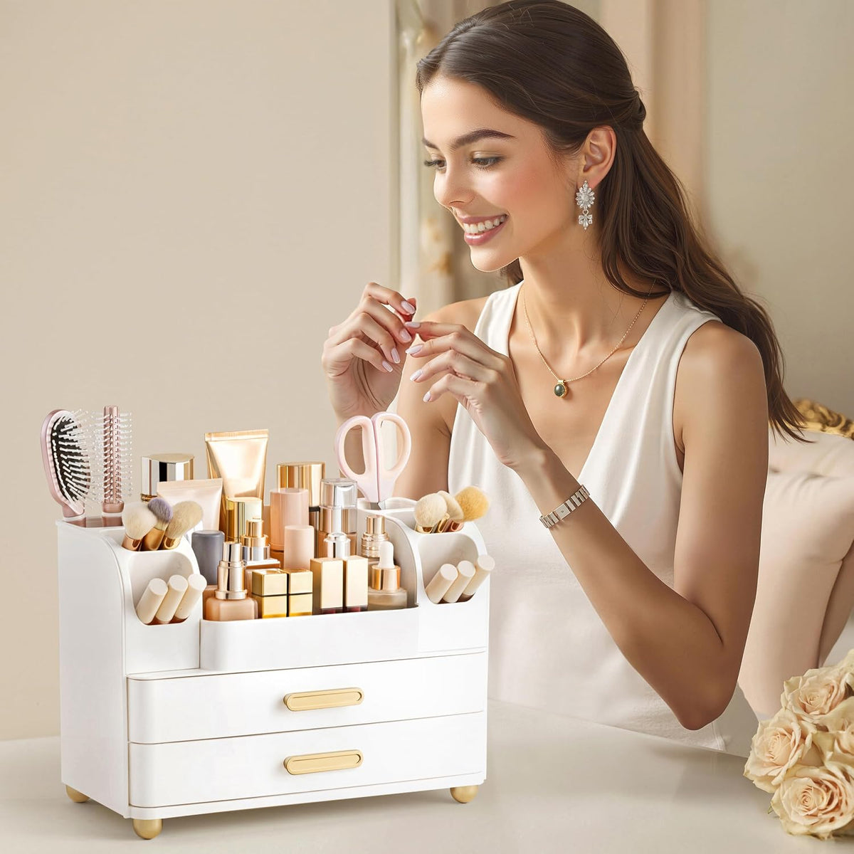 HBlife Makeup Organizer for Vanity with Brush Holder, Large Bathroom Countert...