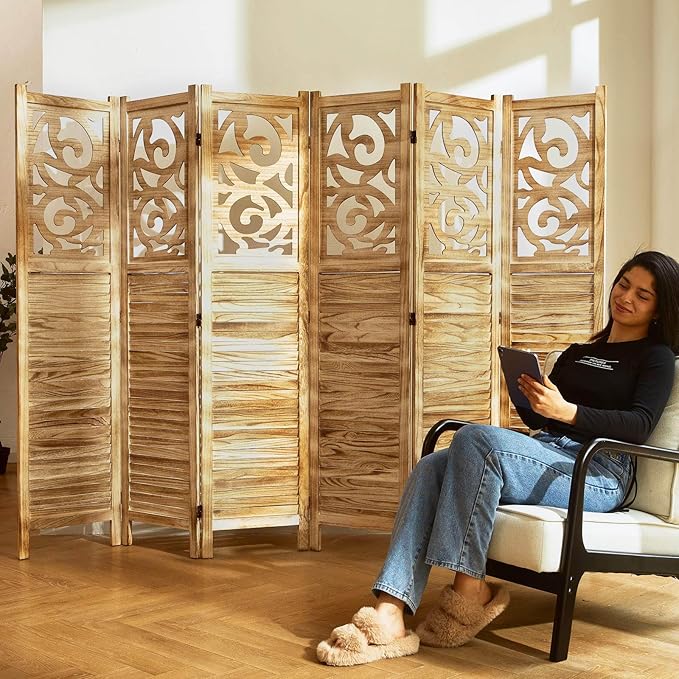Room Divider Wood Carved Wall Divider Indoor Folding Portable Partition Screen by Svimi