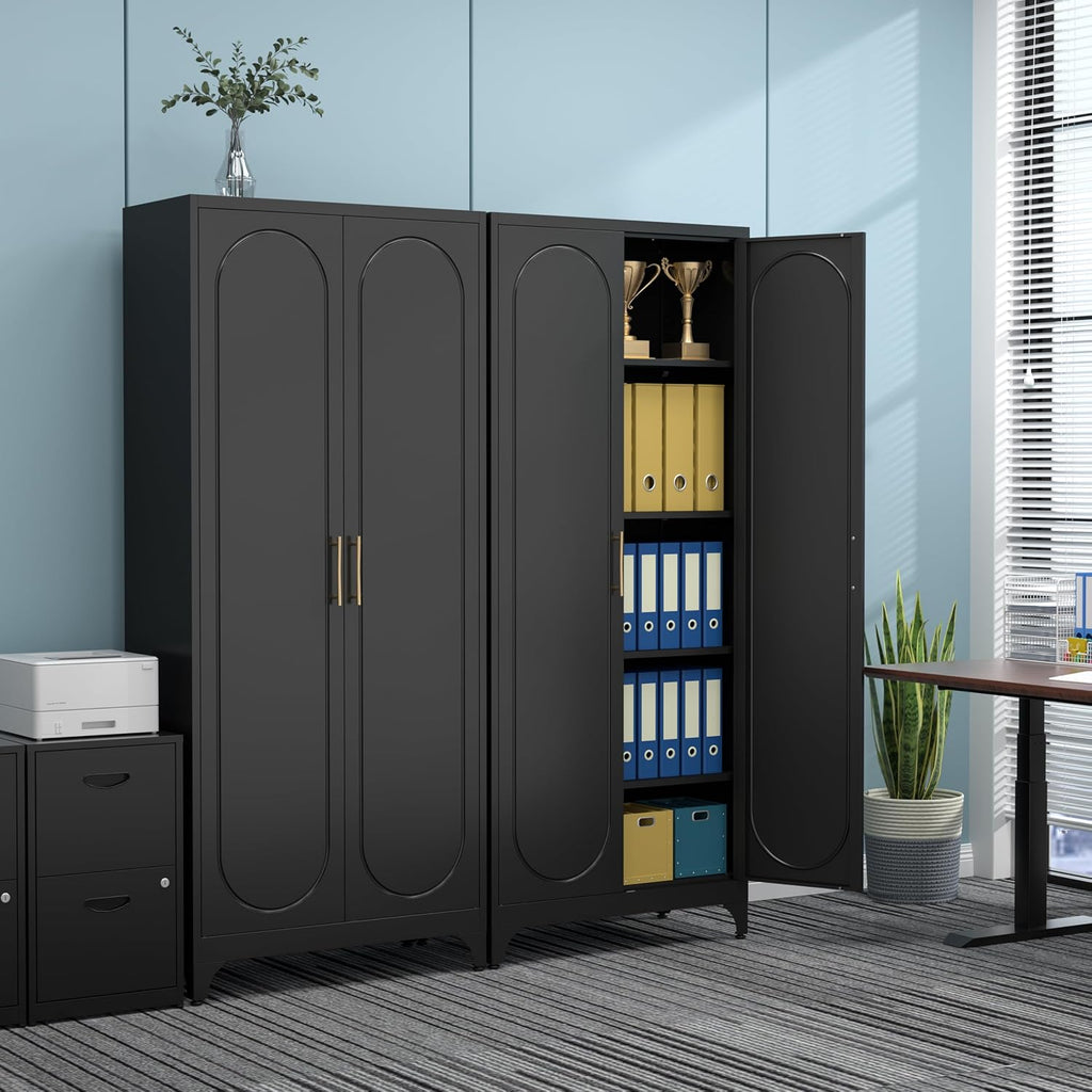75" tall white storage cabinet with doors &, front angle view