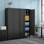 75" tall white storage cabinet with doors &, front angle view