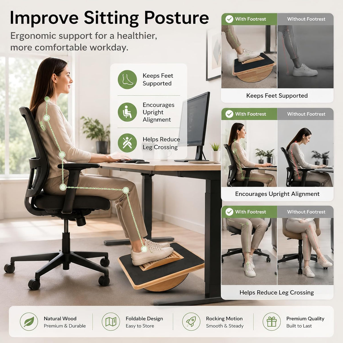 Foldable Under Desk Foot Rest, Wooden Rocking Footrest with 4 Massage Rollers...