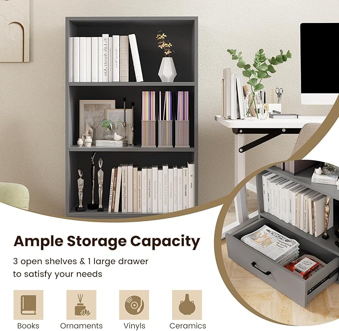 LOKO 4-Tier Bookcase with Storage Drawer, Modern Organizer Display Storage - Image 8