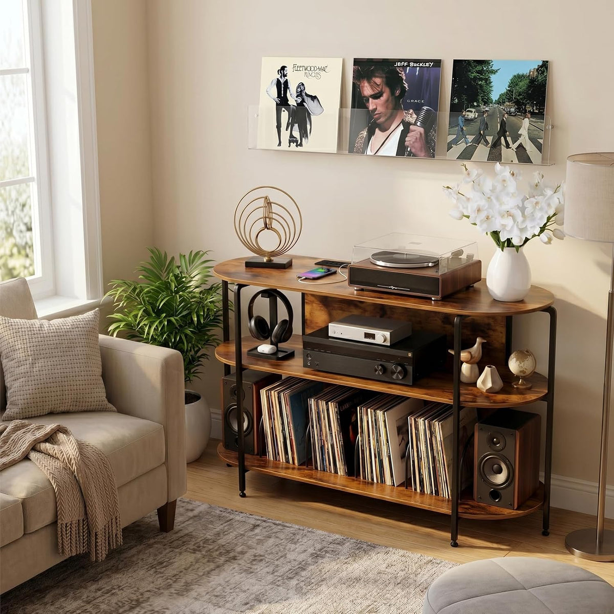 Faesun Vinyl Record Player Stand with Power Outlets, 43.3" Mid Century T...