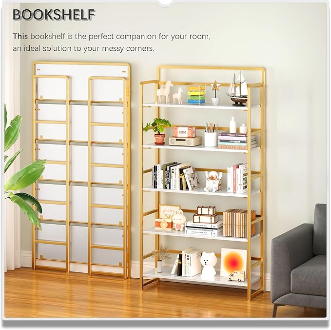 4NM No Assembly Extra Wide 5 Tiers Folding Bookshelf Storage Shelves Vintage - Image 3