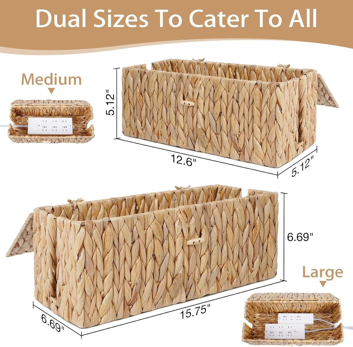 Cable Management Box with Lids-Handwoven Rattan Cord Organizer with Open Slot...