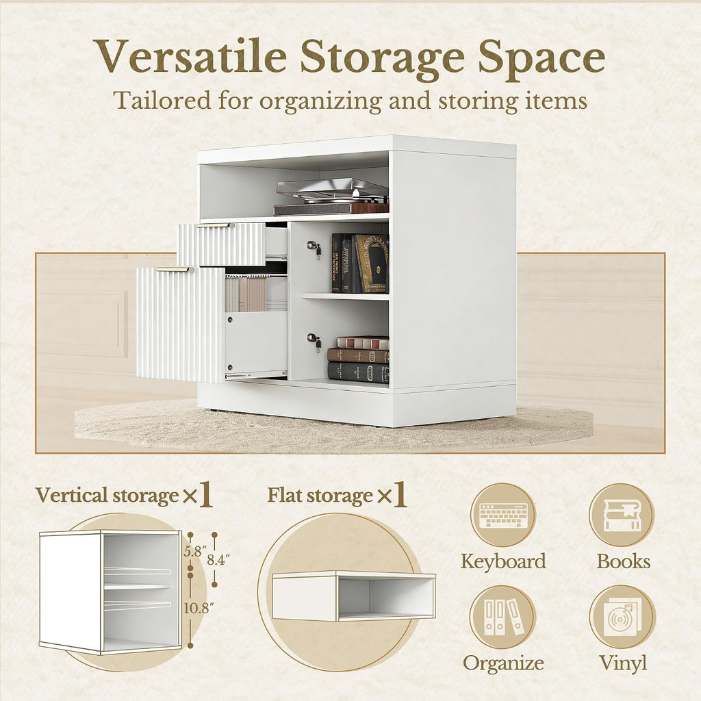2 Drawer File Cabinet with Lock, Filing Cabinet for Home Office | Wood Fluted Lateral File Cabinet for Letter/A4 Size, Print Stand, AC/USB, Open Storage Shelves, 1.18'' Top, White