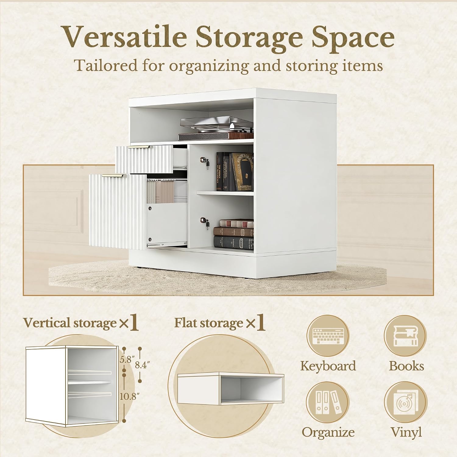 2 Drawer File Cabinet with Lock, Filing Cabinet for Home Office | Wood Fluted Lateral File Cabinet for Letter/A4 Size, Print Stand, AC/USB, Open Storage Shelves, 1.18'' Top, White