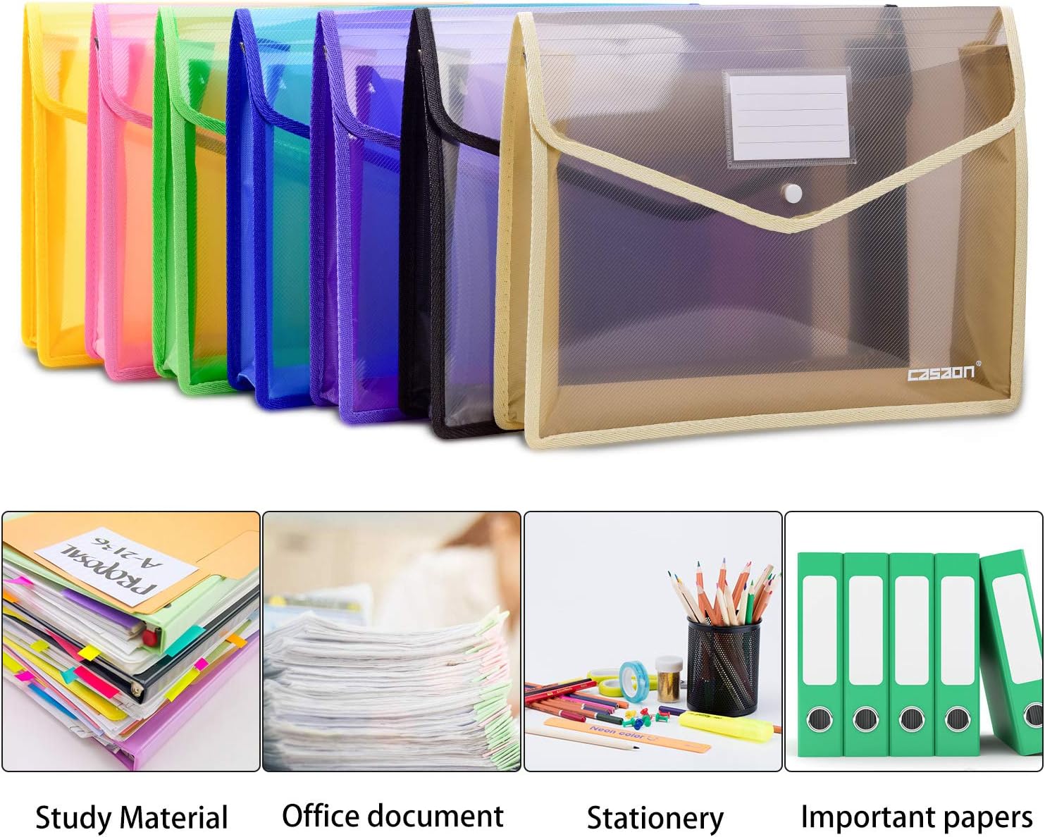 7 Pack B4 Plastic File Folders Waterproof Transparent Expandable File Folder - Purple&Pink&Yellow&Green&White&Blue&Black