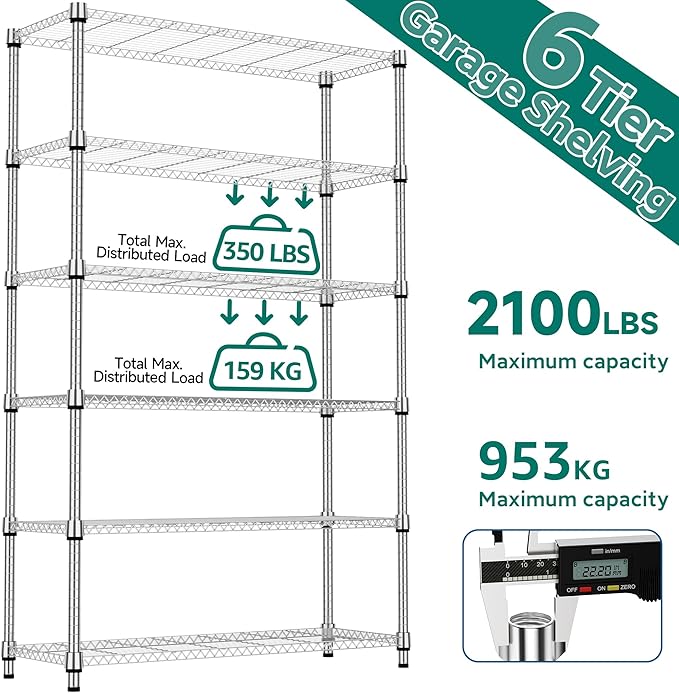 M MZG 6 Tiers Shelf 2100 lbs Steel Storage Shelving Utility Shelving Unit Steel - Image 9