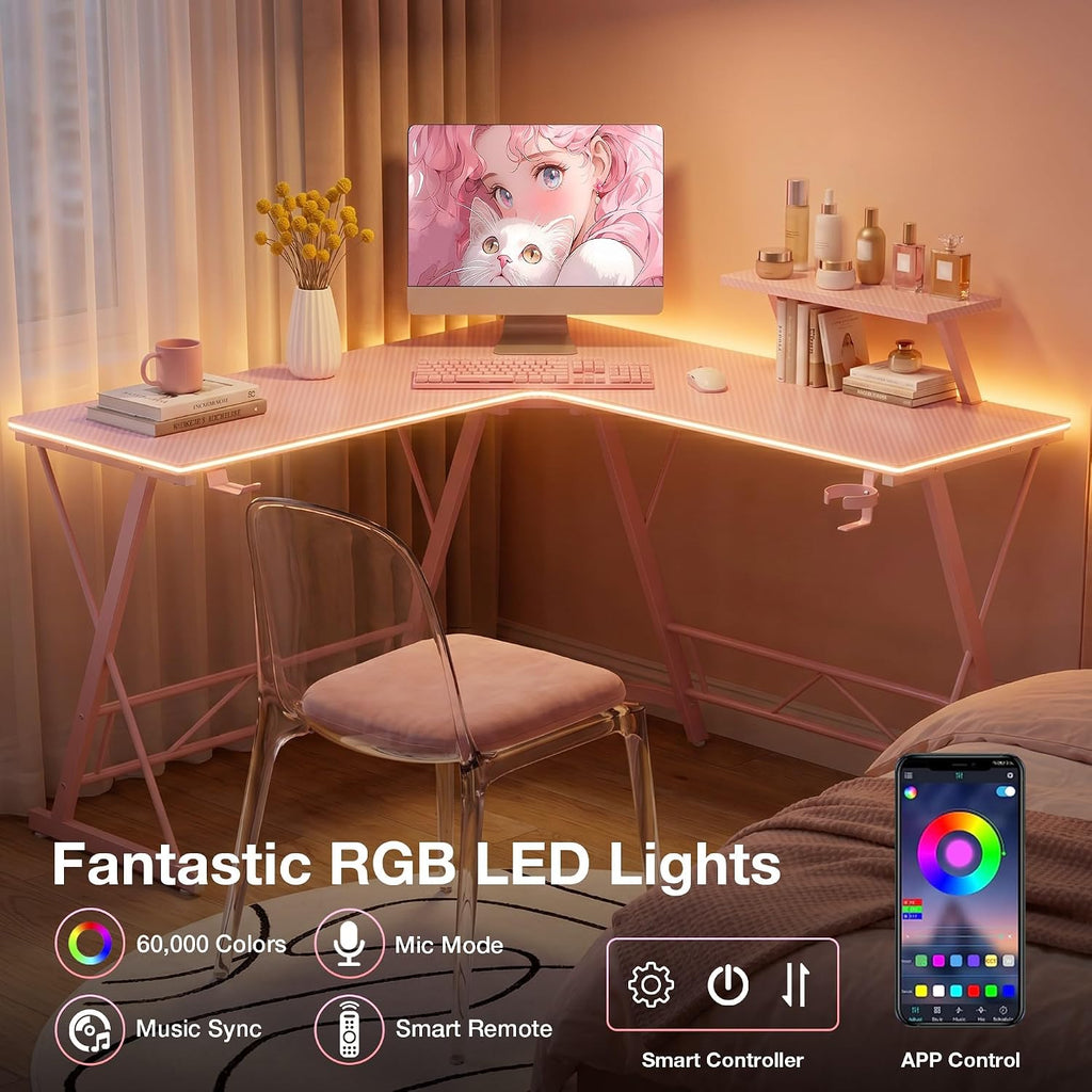 Mr IRONSTONE Gaming Desk with LED Lights, L Shaped Desk Corner with Cup Holder & Headphone Hook, Computer Desk Home Office Desks with Large Monitor Stand, Carbon Fiber Surface, Pink 51 Inch
