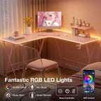 Mr IRONSTONE Gaming Desk with LED Lights, L Shaped Desk Corner with Cup Holder & Headphone Hook, Computer Desk Home Office Desks with Large Monitor Stand, Carbon Fiber Surface, Pink 51 Inch
