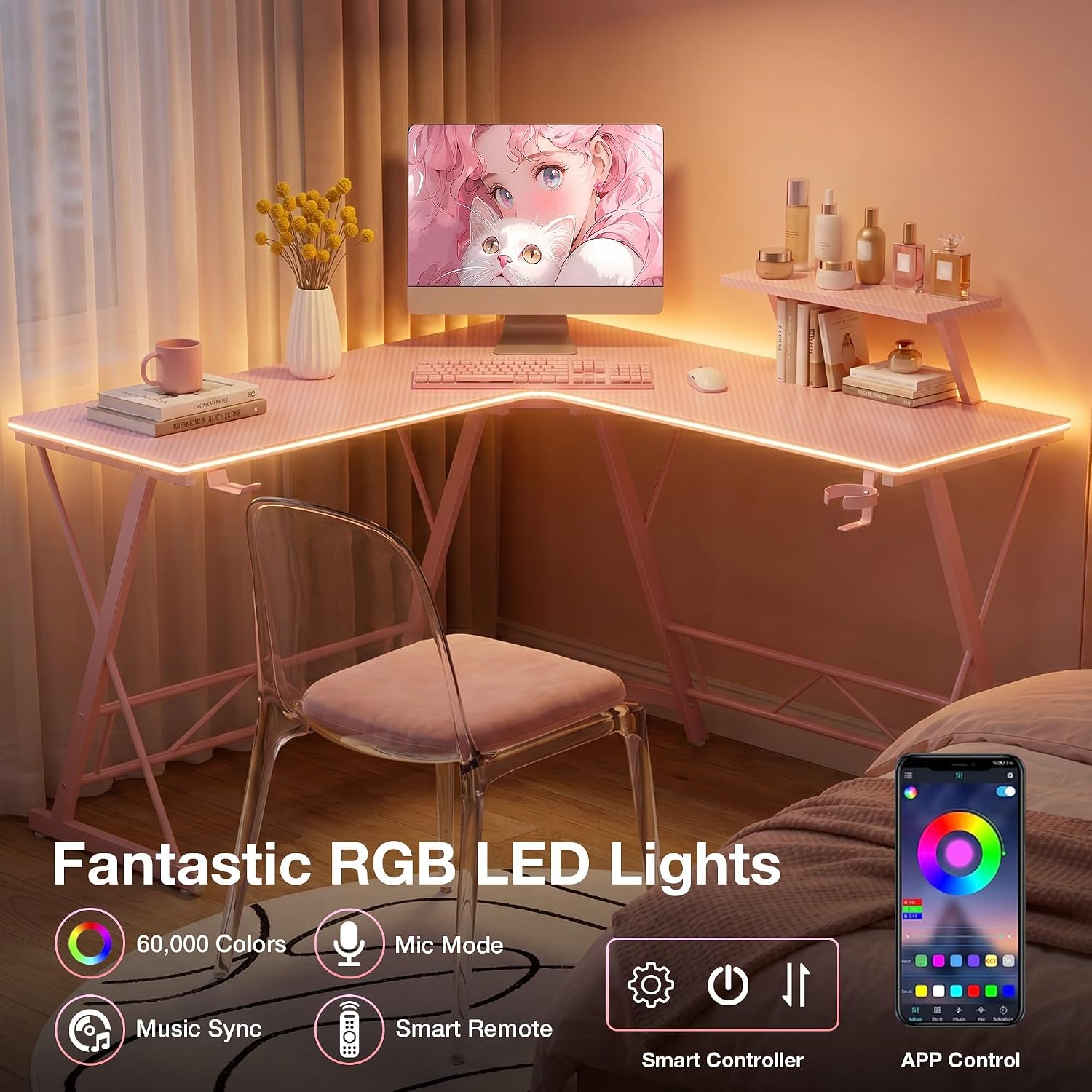 Mr IRONSTONE Gaming Desk with LED Lights, L Shaped Desk Corner with Cup Holder & Headphone Hook, Computer Desk Home Office Desks with Large Monitor Stand, Carbon Fiber Surface, Pink 51 Inch