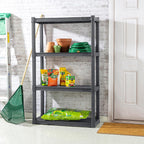 sterilite 4 shelf unit, heavy-duty plastic storage & showing dimensions