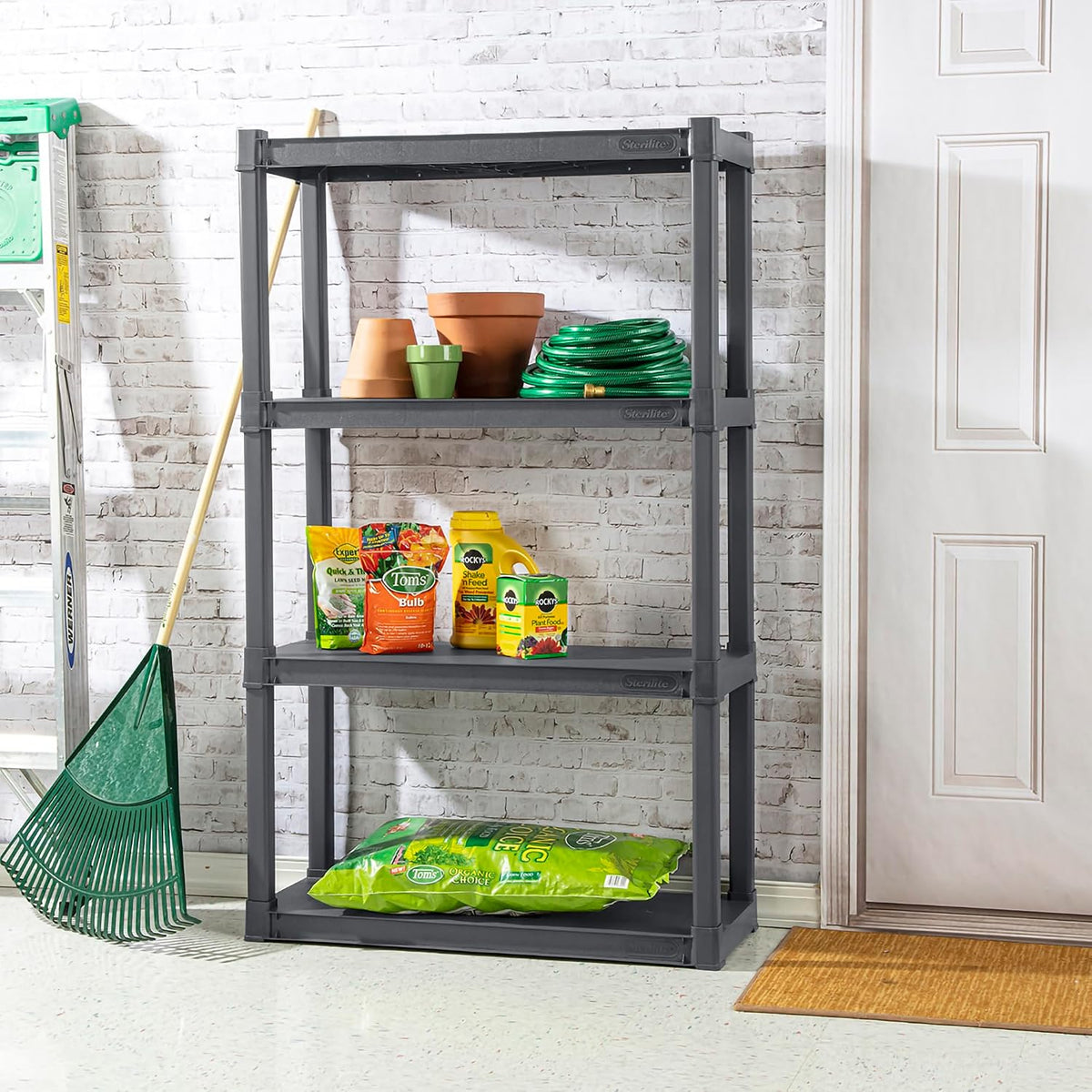 sterilite 4 shelf unit, heavy-duty plastic storage & showing dimensions