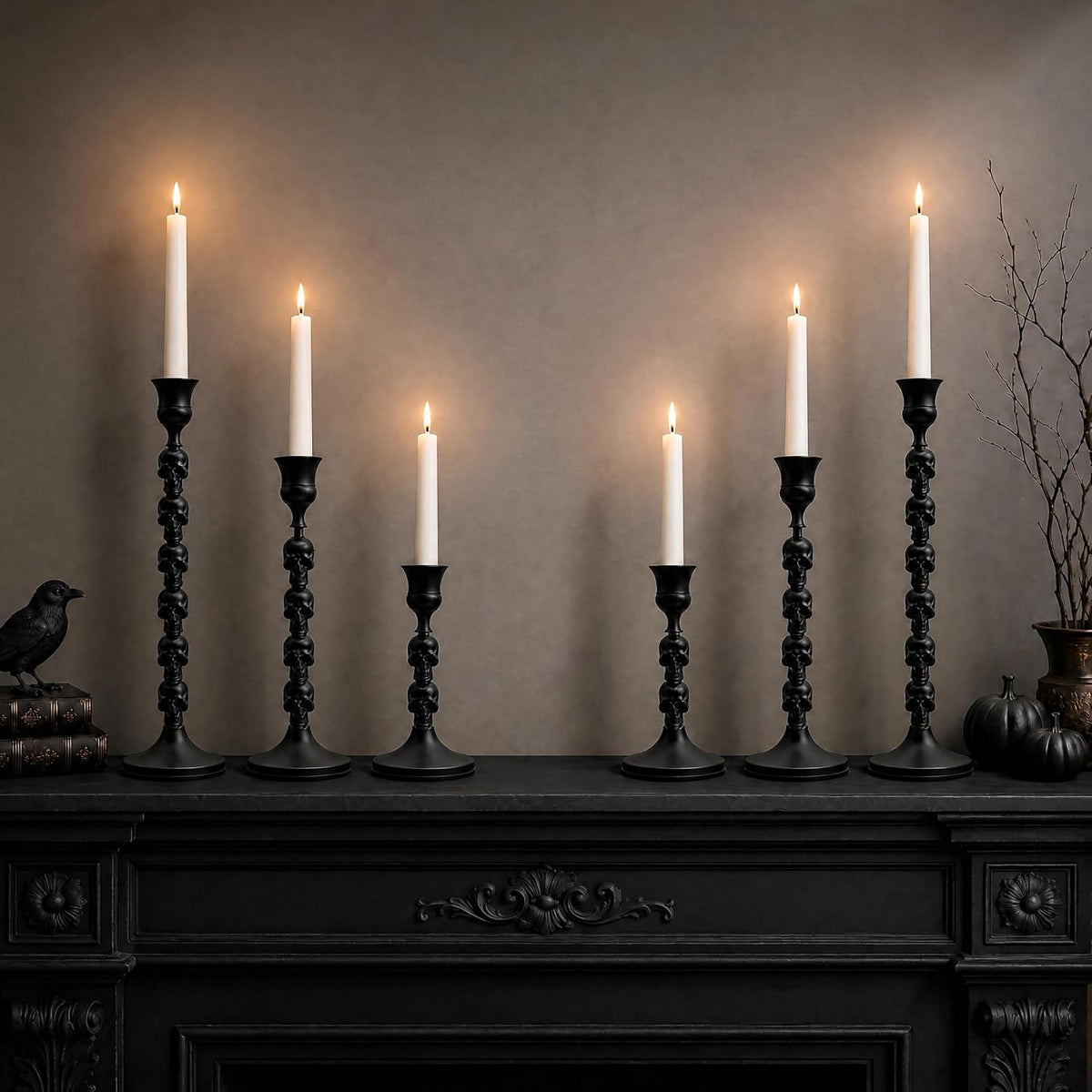 Skull Candle Holder, Gothic Taper Candlestick for Halloween, 6 Pack