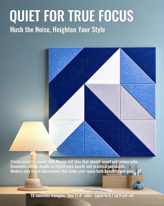 PebblingQ Felt Wall Tiles Bulletin Board, Marine Blue White Panels, Modular - Image 4