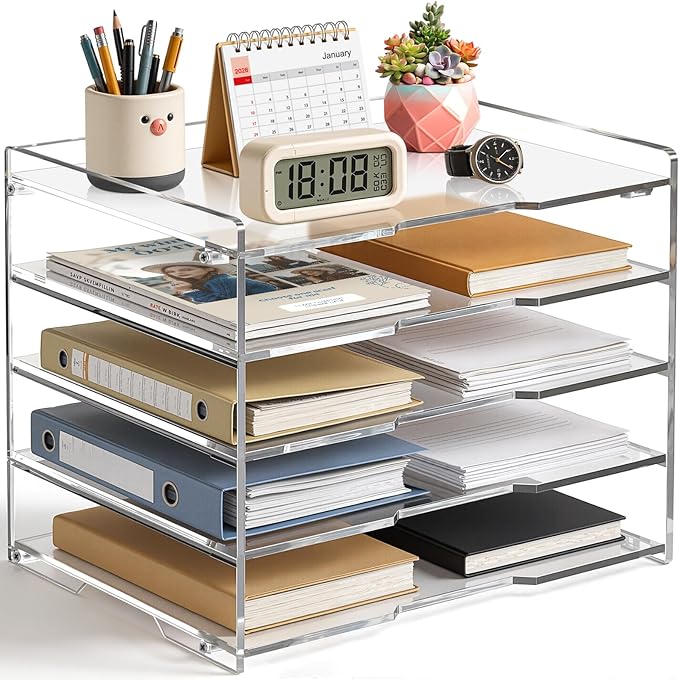 KKU 5 Tier Clear Acrylic Desk Organizer, Letter Tray Paper File Desk Organizer by KKU