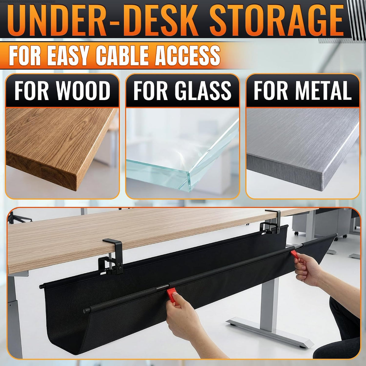 Under Desk Cable Management Tray 36" — No Drill Clamp-On Cord Organizer ...
