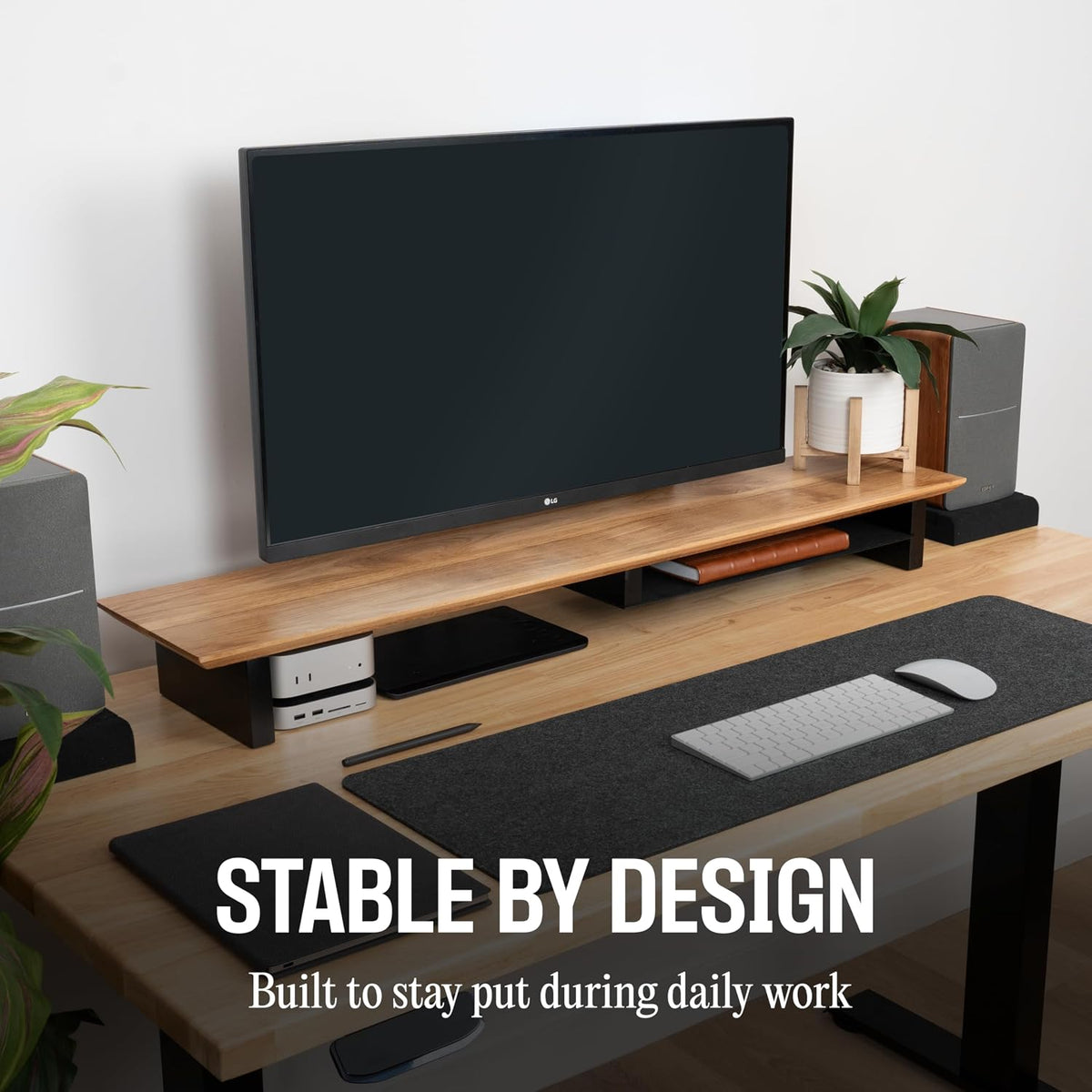 COREMINDED Solid Wood Dual Monitor Stand Riser, 42 Inch Oak Desk Shelf