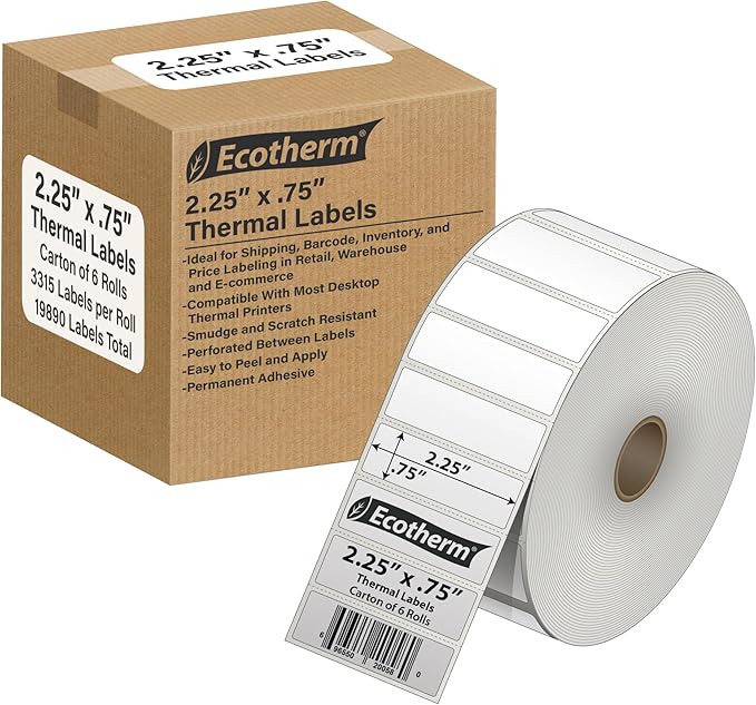 2.25" x .75" Thermal Labels | 6 Rolls | 19890 Labels | fits Zebra, Offnova by EcothermProducts