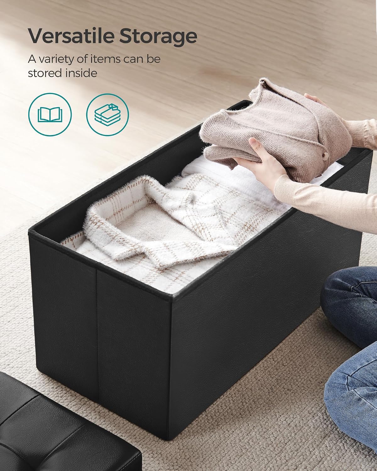 SONGMICS 30 Inches Folding Storage Ottoman Bench with Flipping Lid