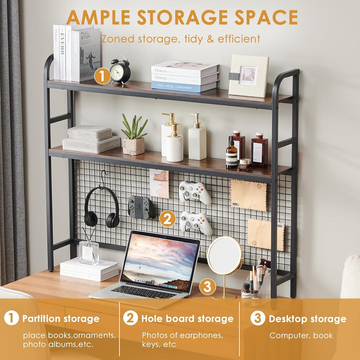 Desk Shelf, 45.3” Desktop Organizer Shelf with Grid Panel and Hooks, Desk Hut...