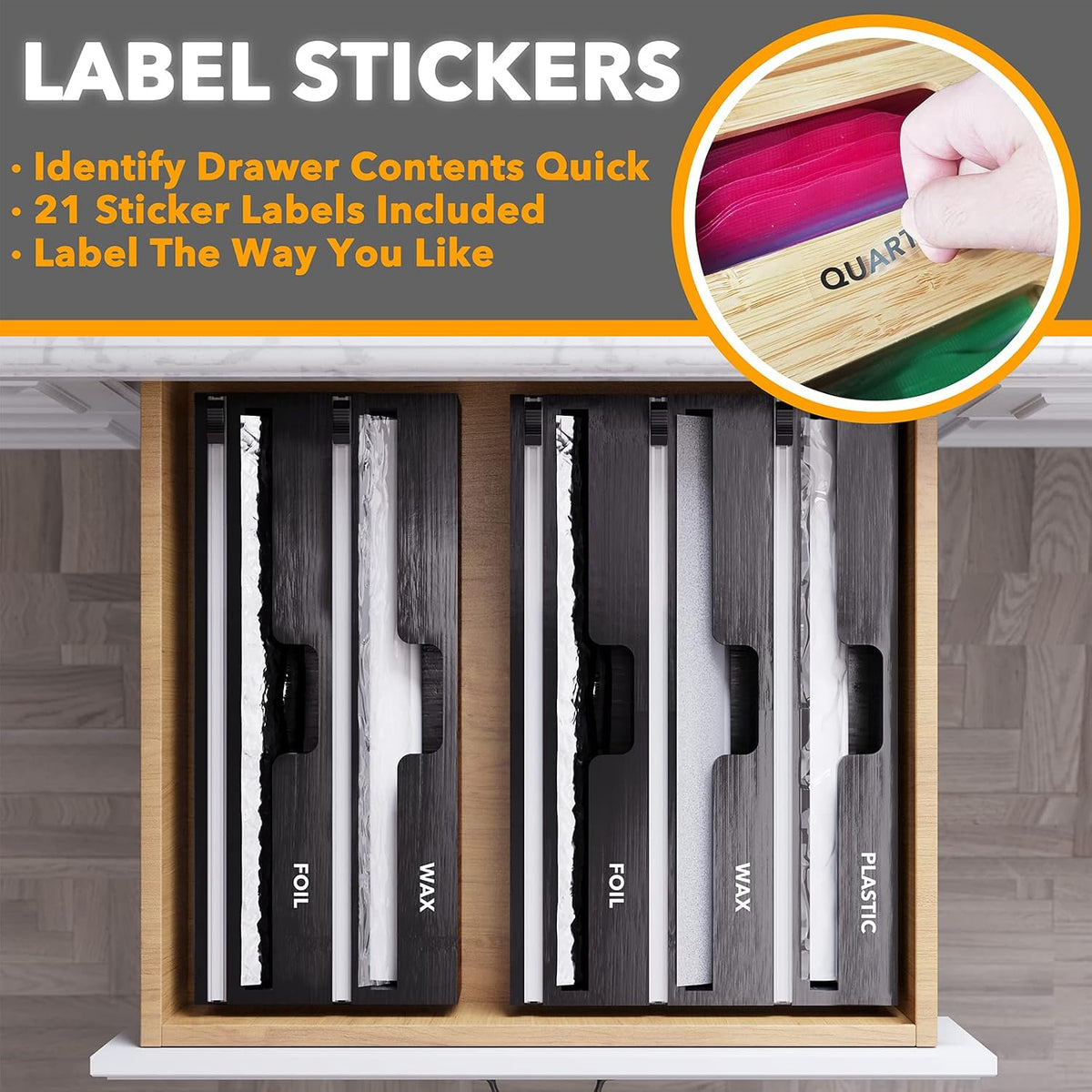 SpaceAid WrapNeat 3 in 1 Wrap Organizer with Cutter and Labels, Plastic Wrap,...