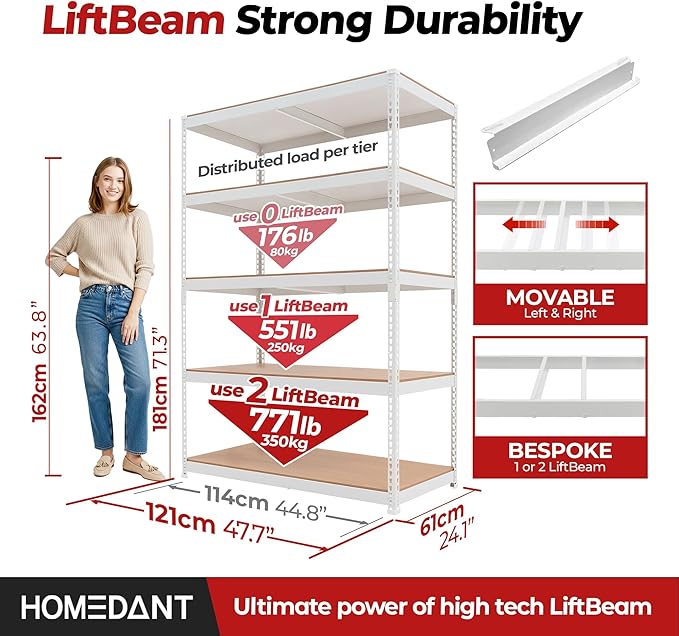 HOMEDANT 47.7" W Deep 5 Tier Heavy Duty Garage Shelving Adjustable Metal Rack - Image 2