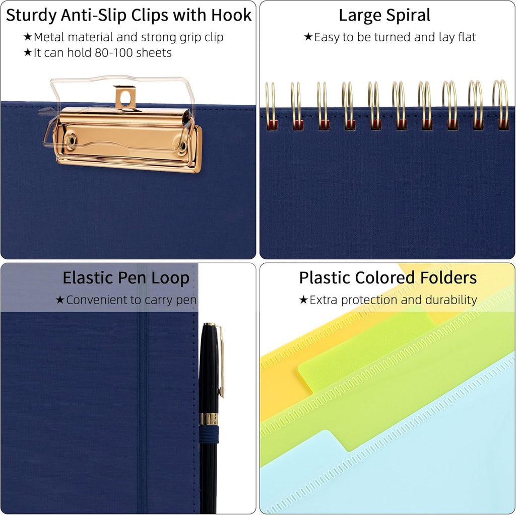 Ospelelf Bule Foldable Spiral Clipboard Folio with Storage Zipper Pouch, 5 Plastic Folders with 10 Pockets, Refillable Lined Notepad (11" x 8.5"), Linen Hardcover Project Organizer