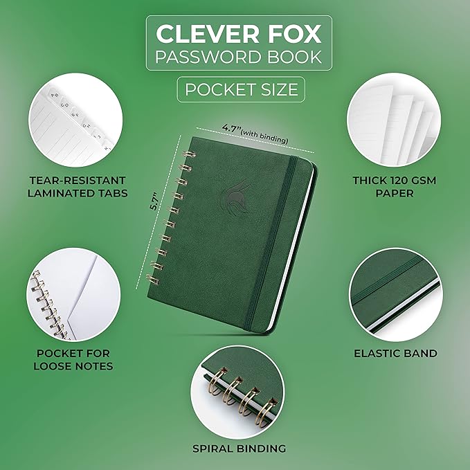 Clever Fox Password Book Spiral – Mini Internet Address & Password Organizer - Image 2