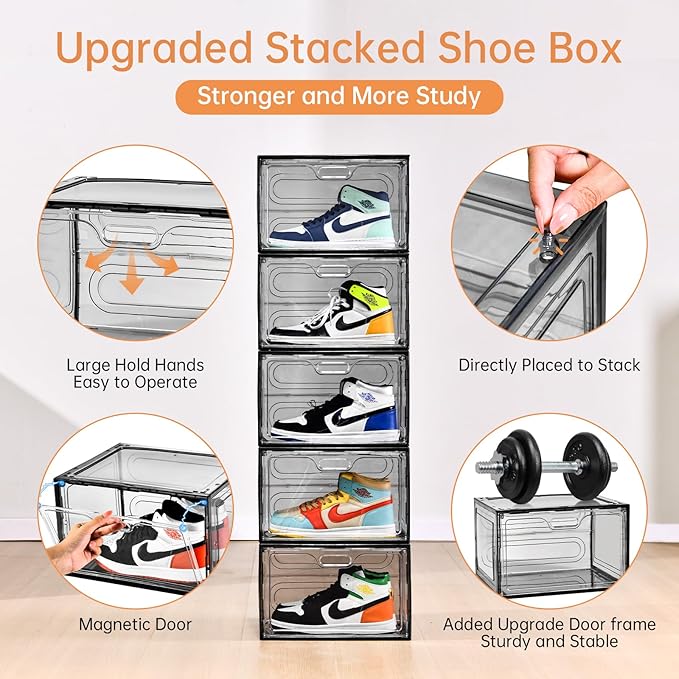 Amllas New Gray 8 Pack Shoe Boxes Stackable, Large Shoe Storage Organizer - Image 7