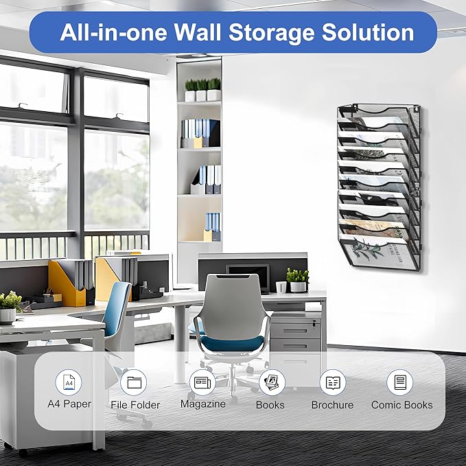 EasyPAG Wall File Organizer for Office 10 Pocket Mesh Wall Mounted Paper - Image 4